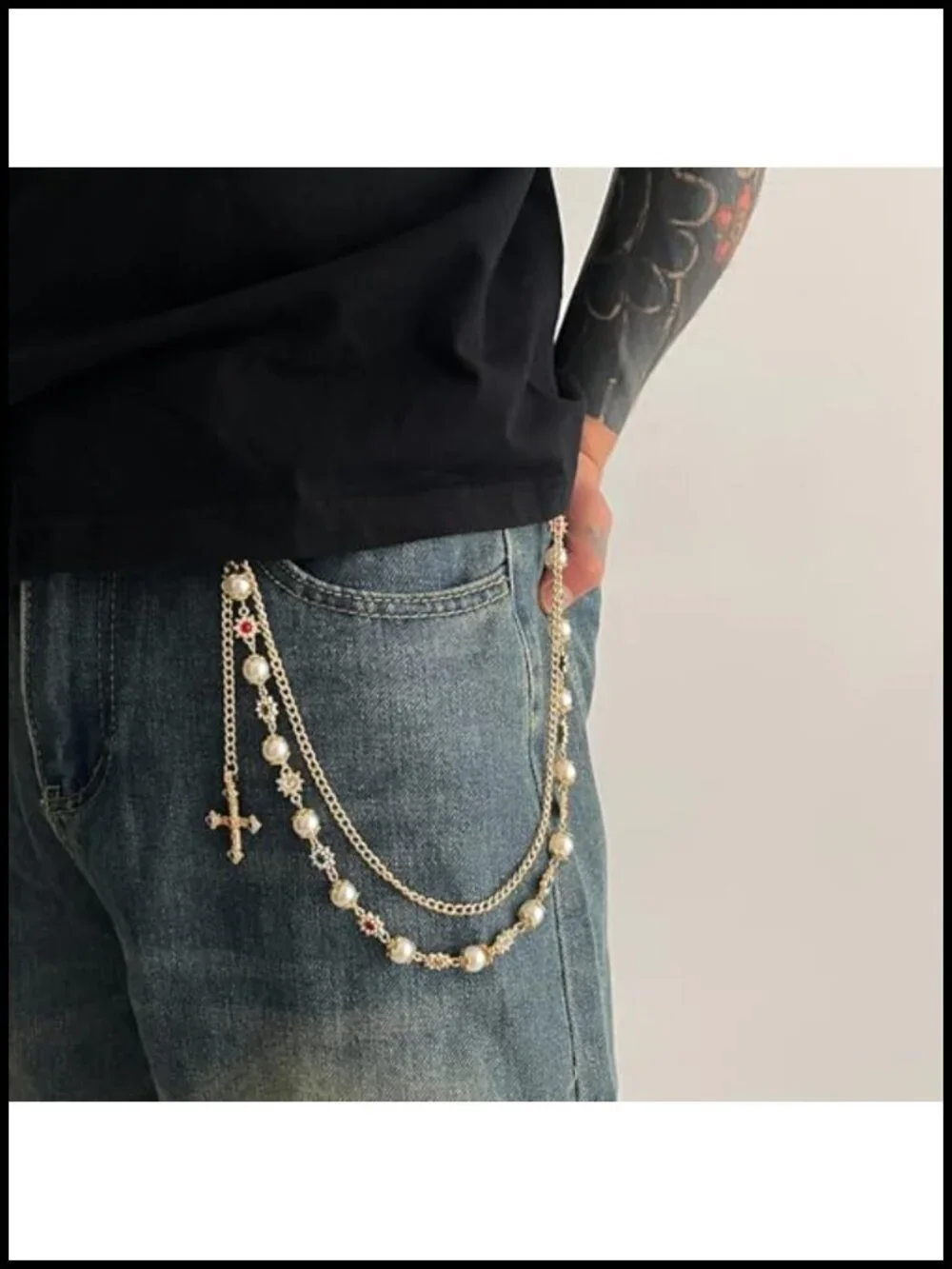 Layered Daisy Pearl Wallet Chain Keychain with Rhinestone Flower Heart Cross